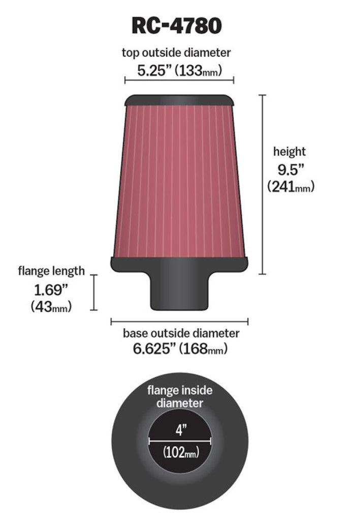 K&N Universal Filter Round Tapered 4in FlangeID / 6.625in Base OD / 5.25in Top OD / 9.5in Height K&N Engineering