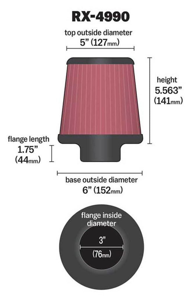 K&N Filter Universal X Stream Clamp-On 3 inch Flange 6 inch Base 5