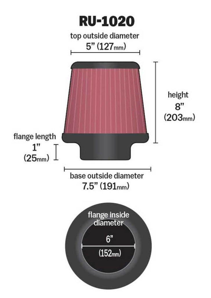 K&N Universal Tapered Filter 6in Flange ID x 7.5in Base OD x 5in Top OD x 8in Height K&N Engineering