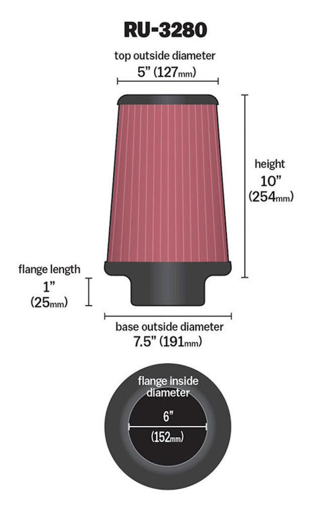K&N Filter Universal Rubber Filter 6 inch Flange 7.5 inch Base 5 inch Top 10 inch Height K&N Engineering