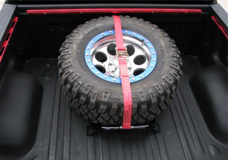 N-Fab Bed Mounted Tire Carrier Universal - Gloss Black - Red Strap N-Fab