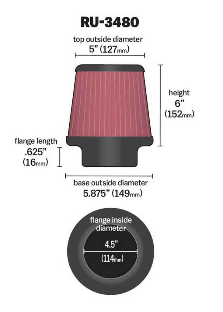 K&N Universal Rubber Filter 4 1/2 inch FLG / 5 7/8 inch Base / 5 inch Top / 6 inch Height K&N Engineering