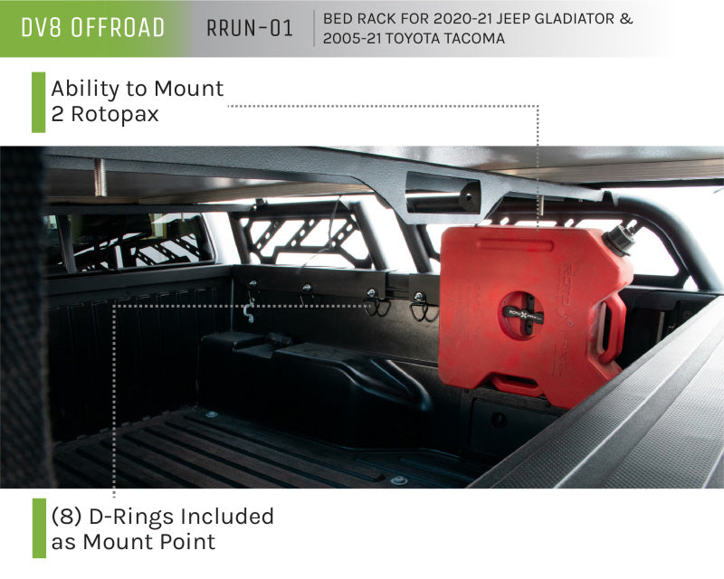 DV8 Offroad 20-22 Jeep Gladiator JT / 05-21 Toyota Tacoma Overland Bed Rack - 2pc. Adjustable DV8 Offroad