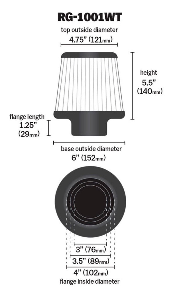 K&N Universal Filter Chrome Round Tapered White - 4in Flange ID x 1.125in Flange Length x 5.5in H K&N Engineering