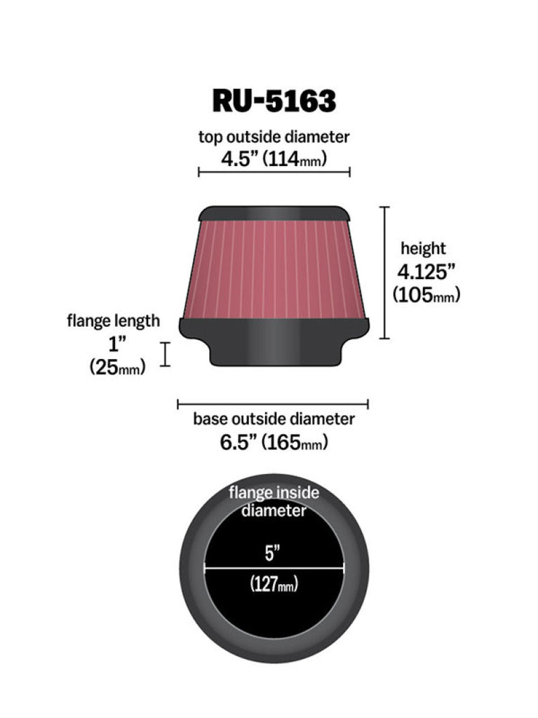 K&N Universal Rubber Filter 5in Flange ID x 6.5in Base OD x 4.5in Top OD x 4.125in Height K&N Engineering