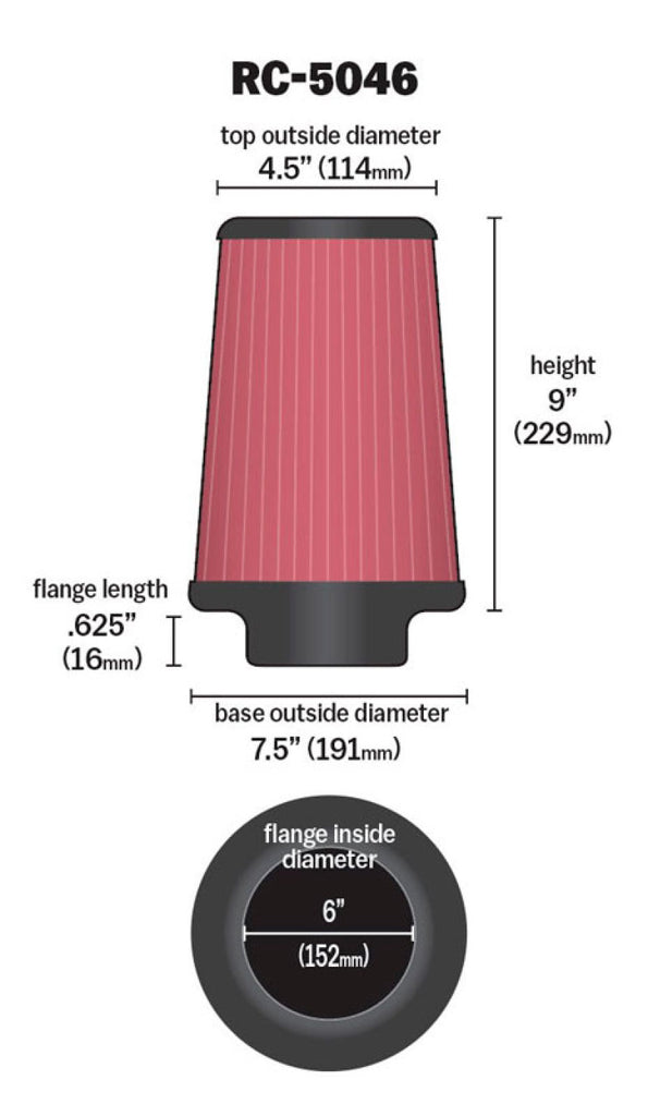 K&N Universal Chrome Filter 6 inch FLG / 7.5 inch Base / 4.5 inch Top / 9 inch Height K&N Engineering
