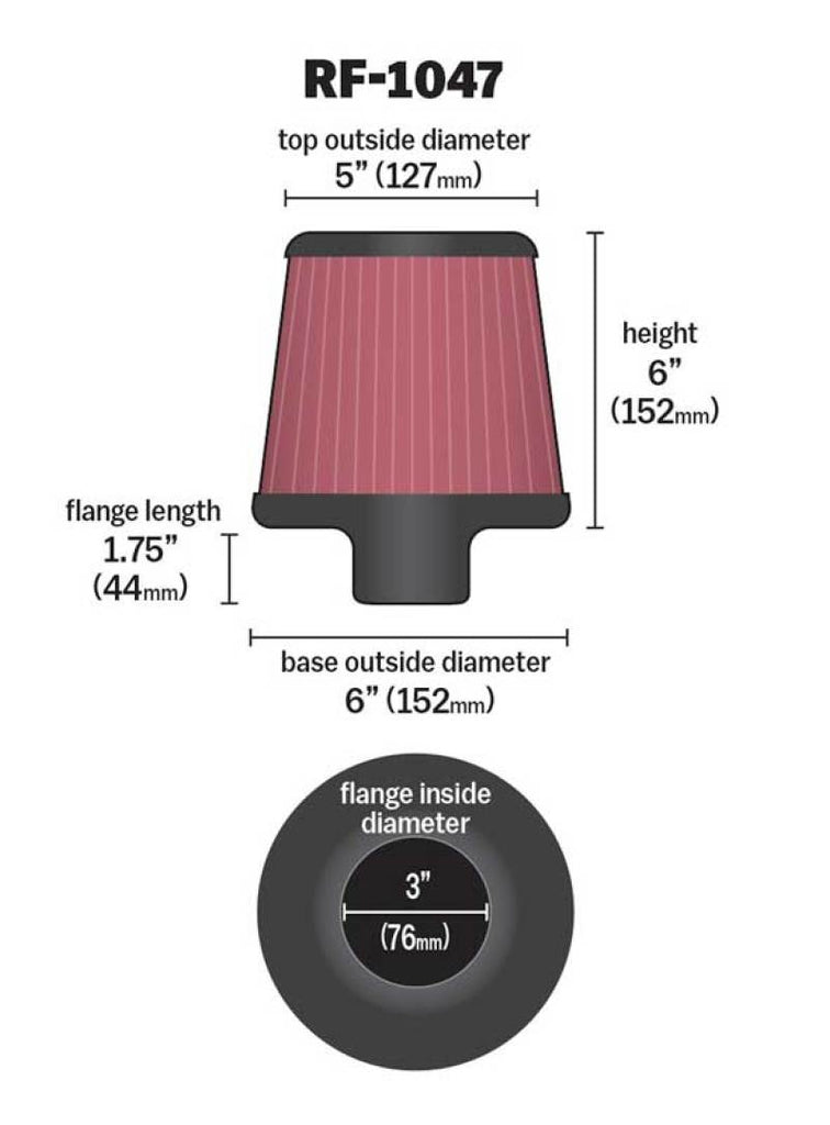 K&N Round Tapered Universal Air Filter 3 inch Flange 6 inch Base 5 inch Top 6 inch Height K&N Engineering