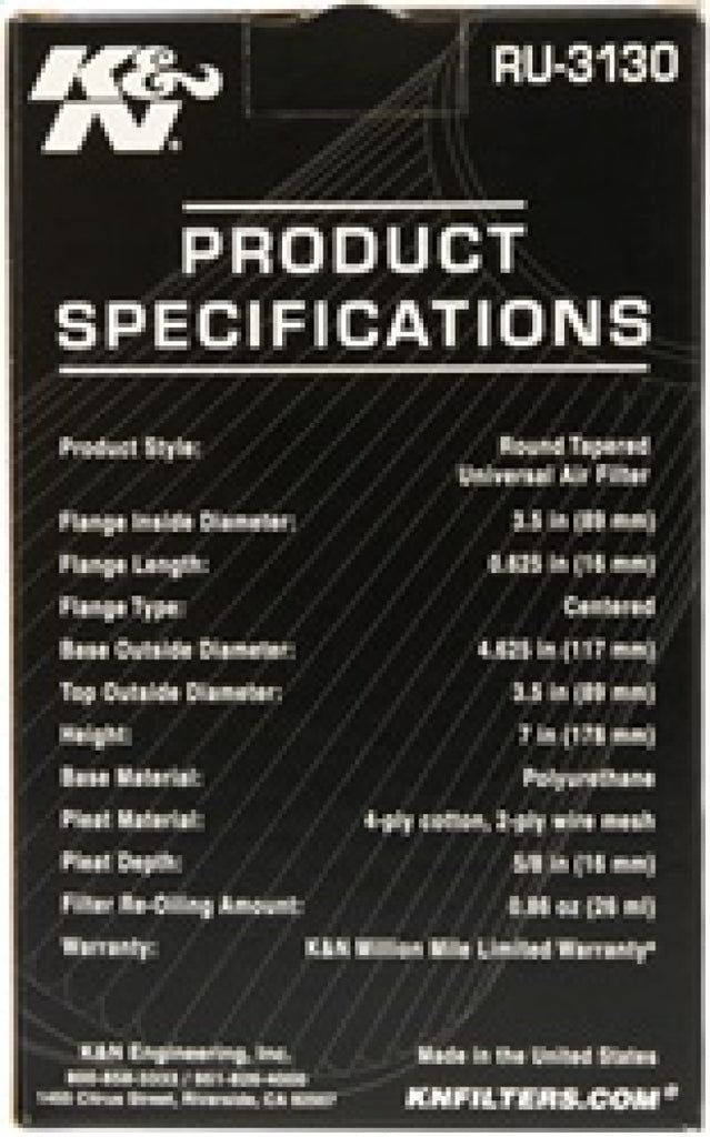 K&N Filter Universal Rubber Filter 3 1/2 inch Flange 4 5/8 inch Base 3 1/2 inch Top 7 inch Height K&N Engineering