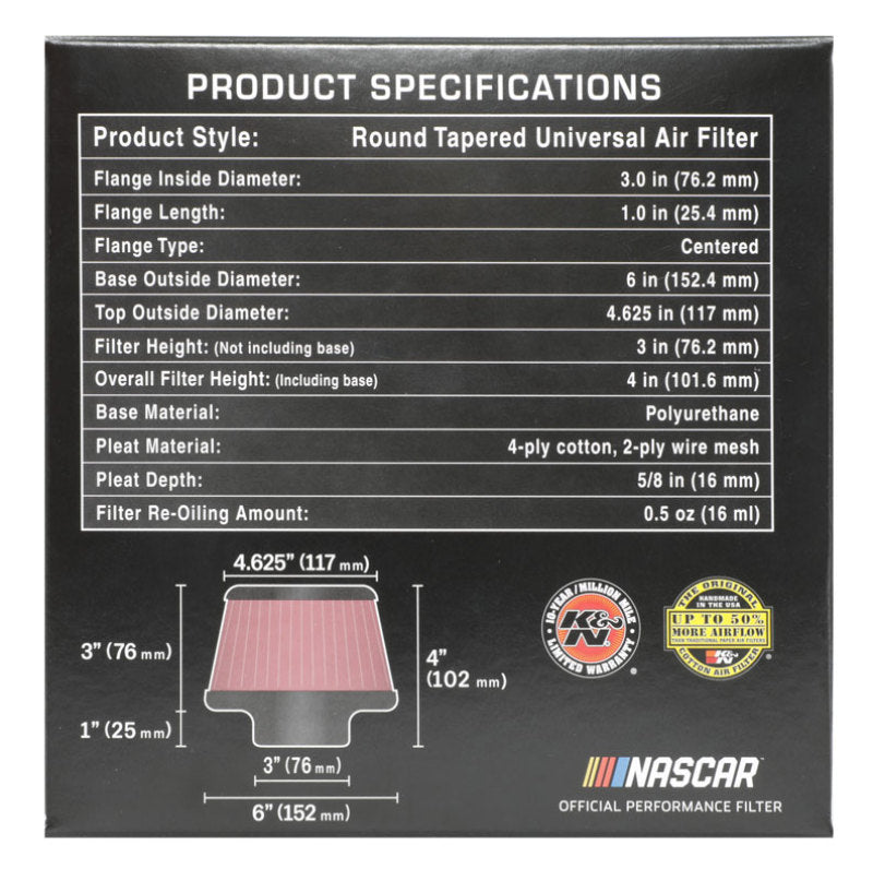 K&N Universal Round Clamp-On Air Filter 3in Flange ID x 6in Base OD x 4.625in Top OD x 3in Height K&N Engineering