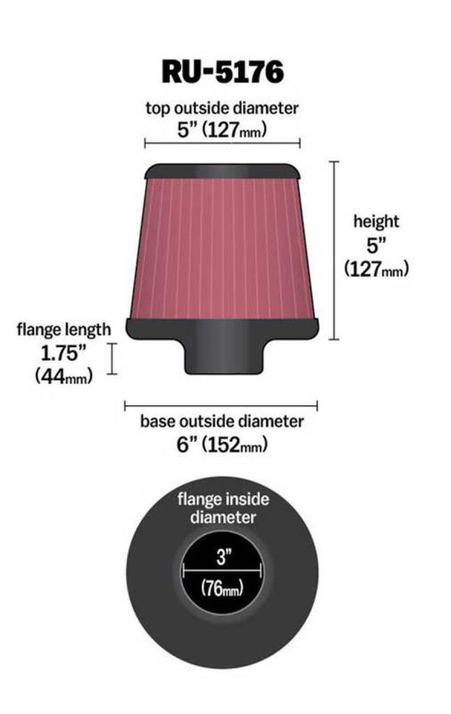 K&N Universal Rubber Filter-Round Tapered 3in Flange ID x 6in Base OD x 6in Top OD x 5in H K&N Engineering