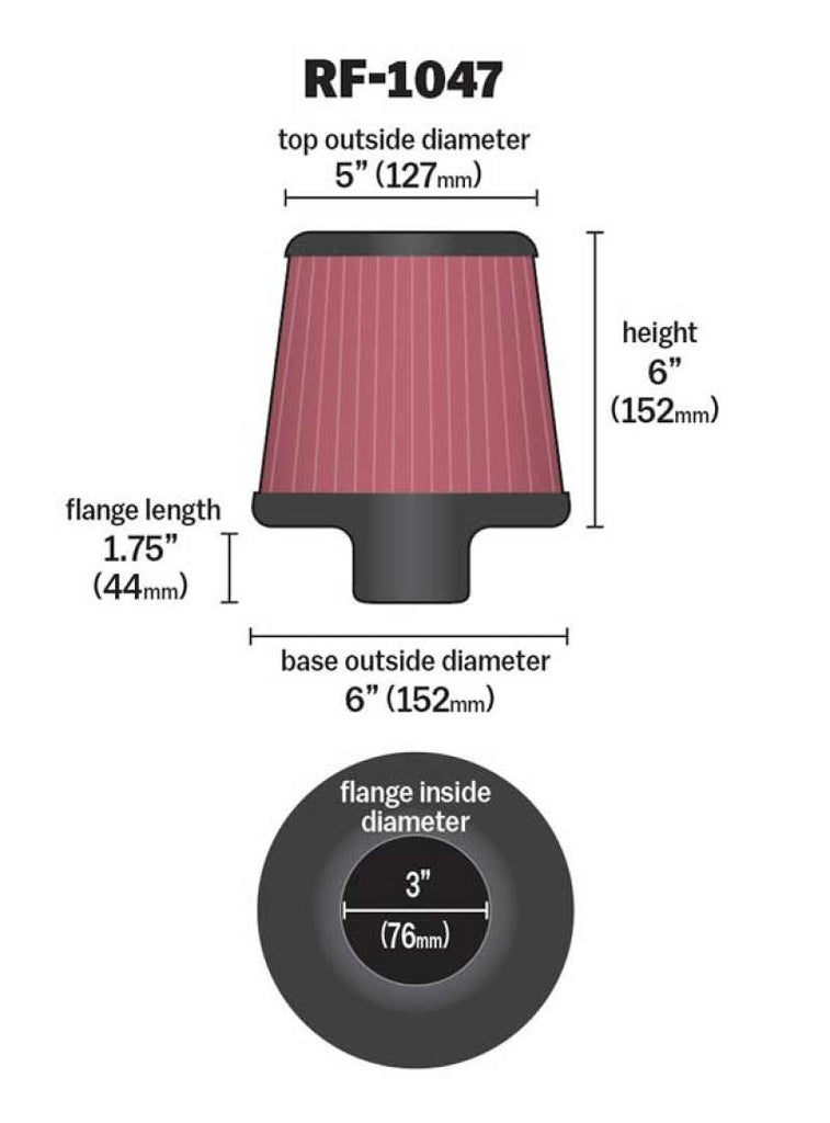 K&N Round Tapered Universal Air Filter 3 inch Flange 6 inch Base 5 inch Top 6 inch Height K&N Engineering