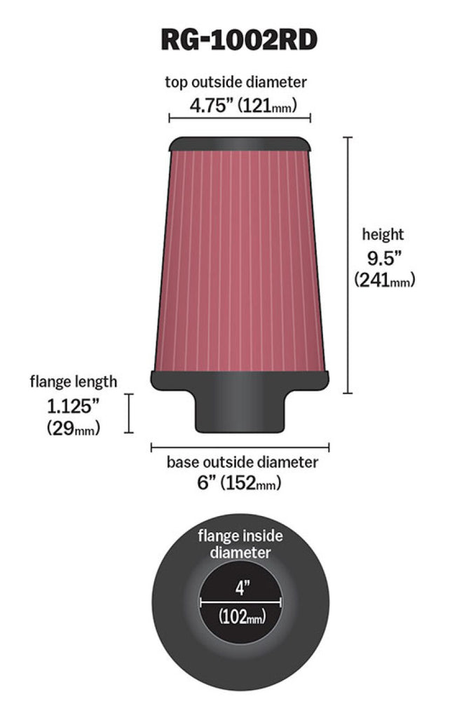 K&N Universal Air Filter Chrome Round Tapered Red - 4in Flange ID x 1.125in Flange Length x 9.5in H K&N Engineering