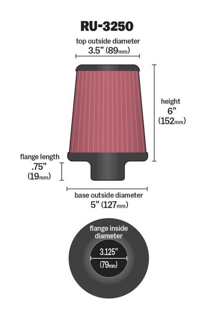 K&N Universal Tapered Filter 3.125in Flange ID x 5in Base OD x 3.5in Top OD x 6in Height K&N Engineering