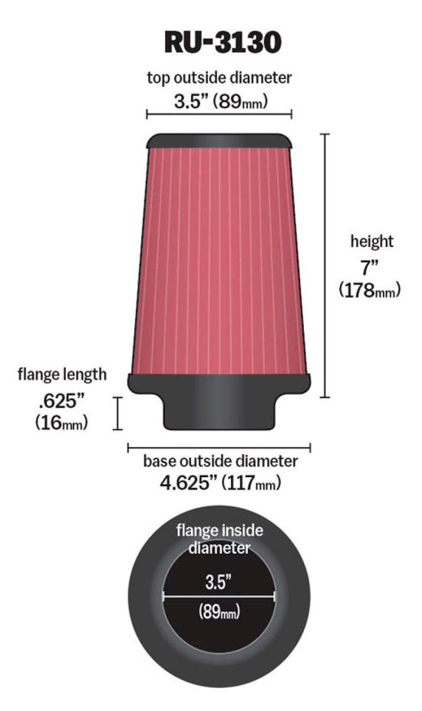 K&N Filter Universal Rubber Filter 3 1/2 inch Flange 4 5/8 inch Base 3 1/2 inch Top 7 inch Height K&N Engineering