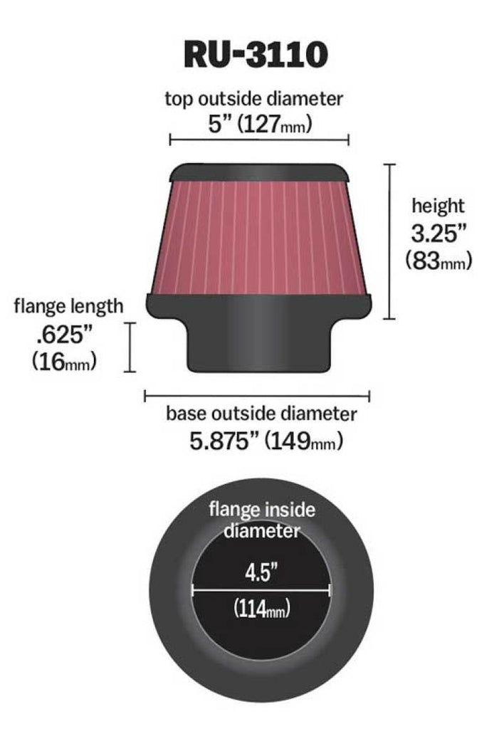 K&N Universal Rubber Filter Round Tapered 4.5in Flange ID x 5.875 Base OD x 5in Top OD x 3.25in H K&N Engineering