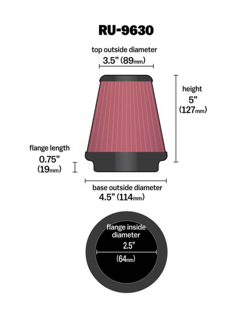 K&N Universal Tapered Filter 2.5in Flange ID x 4.5in Base OD x 3.5in Top OD x 5in Height K&N Engineering