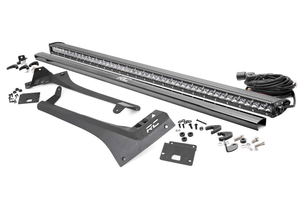 Jeep 50-inch Straight LED Light Bar Upper Windshield Kit w/ Single-Row Chrome Series LED (20-22 Gladiator JT, 18-22 Wrangler JL) Rough Country