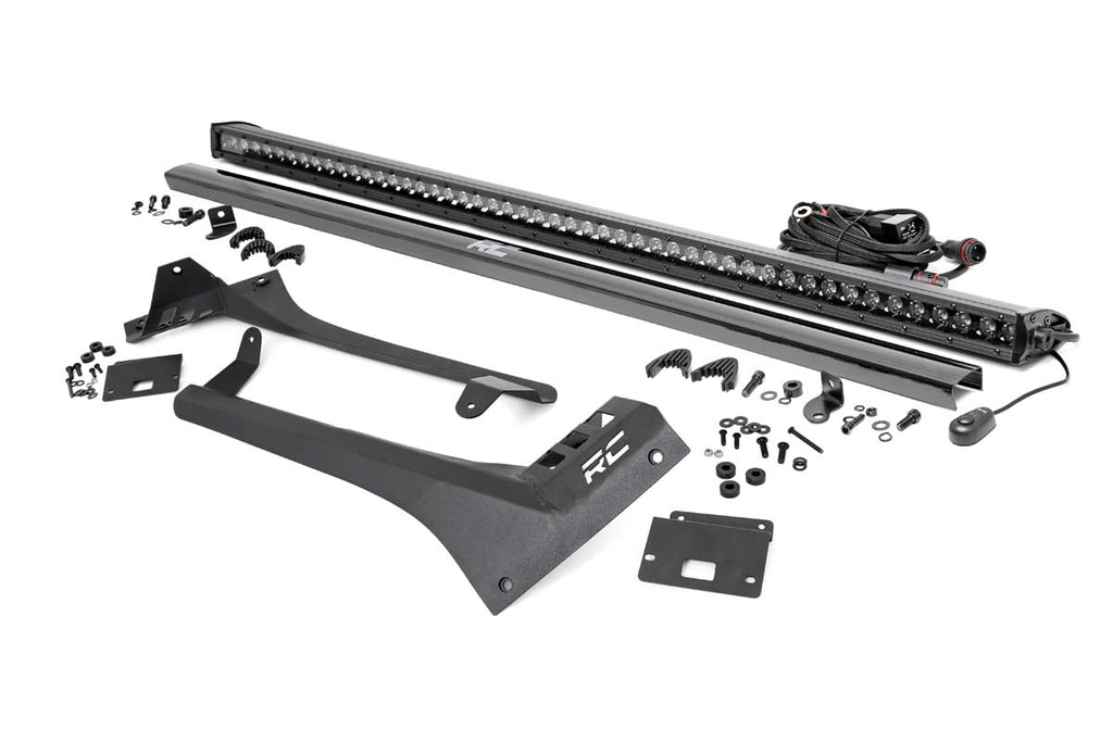 Jeep 50-inch Straight LED Light Bar Upper Windshield Kit w/ Single-Row Black Series LED (20-22 Gladiator JT, 18-22 Wrangler JL) Rough Country
