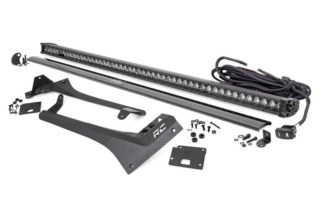 Jeep 50-inch Straight LED Light Bar Upper Windshield Kit w/ Single-Row Black Series LED | White DRL (20-22 Gladiator JT, 18-22 Wrangler JL) Rough Country