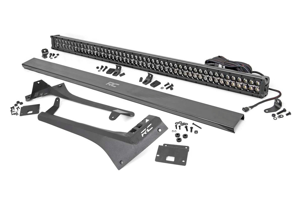 Jeep 50-inch Straight LED Light Bar Upper Windshield Kit w/ Dual-Row Black Series LED | Amber DRL (20-22 Gladiator JT, 18-22 Wrangler JL) Rough Country