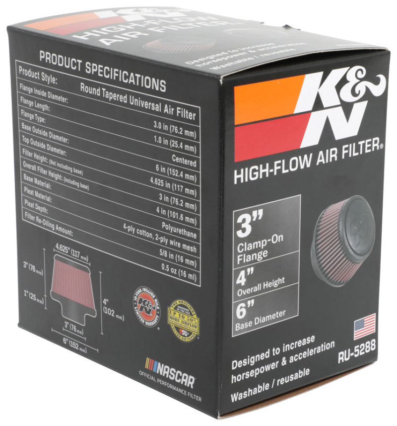 K&N Universal Round Clamp-On Air Filter 3in Flange ID x 6in Base OD x 4.625in Top OD x 3in Height K&N Engineering