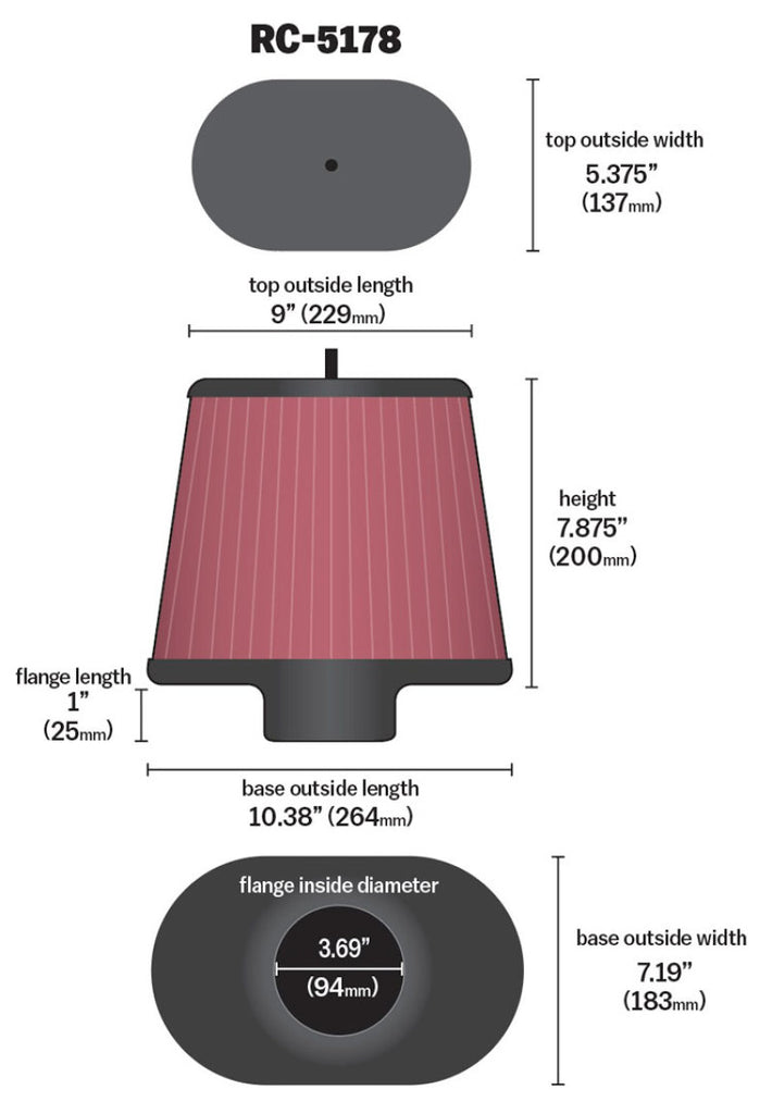 K&N Universal Air Filter - Oval Straight - 3.688in Flange ID x 10.25in Base O/S Length x 7.875in H K&N Engineering