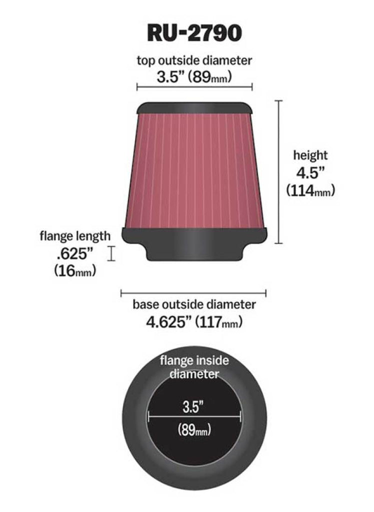 K&N Filter Universal Rubber Filter 3 1/2 inch Flange 4 5/8 inch Base 3 1/2 inch Top 4 1/2 inch Heigh K&N Engineering