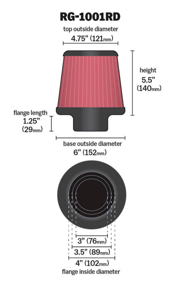 K&N Universal Air Filter Chrome Round Tapered Red - 4in Flange ID x 1.125in Flange Length x 5.5in H K&N Engineering