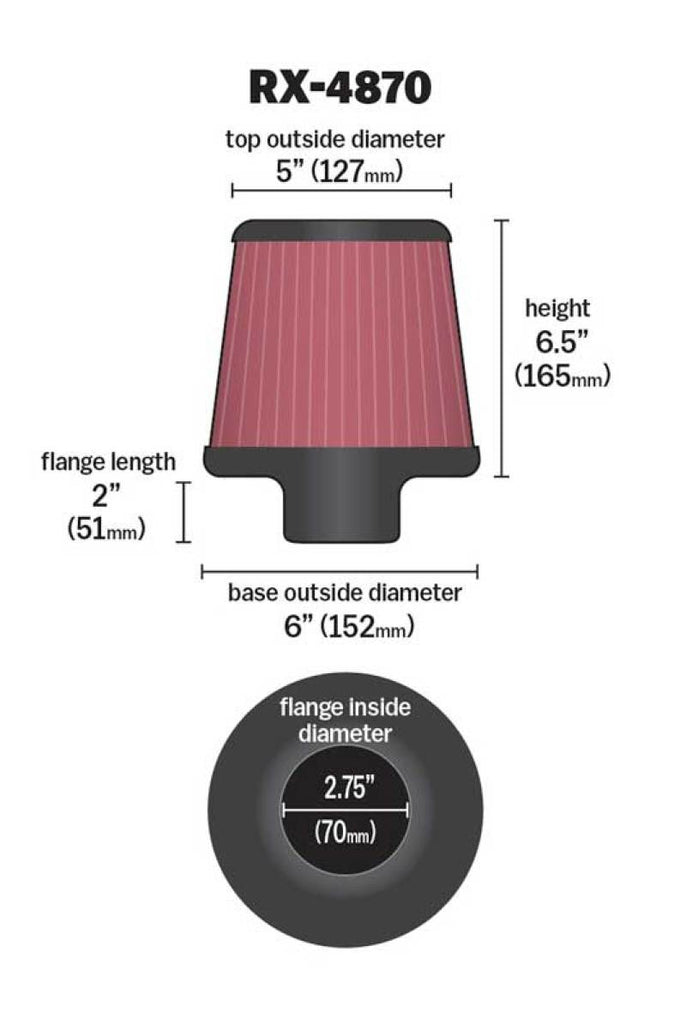 K&N Filter Universal X Stream Clamp-On 2 3/4 inch Flange 6 inch Base  5 inch Top 6 1/2 inch Height K&N Engineering