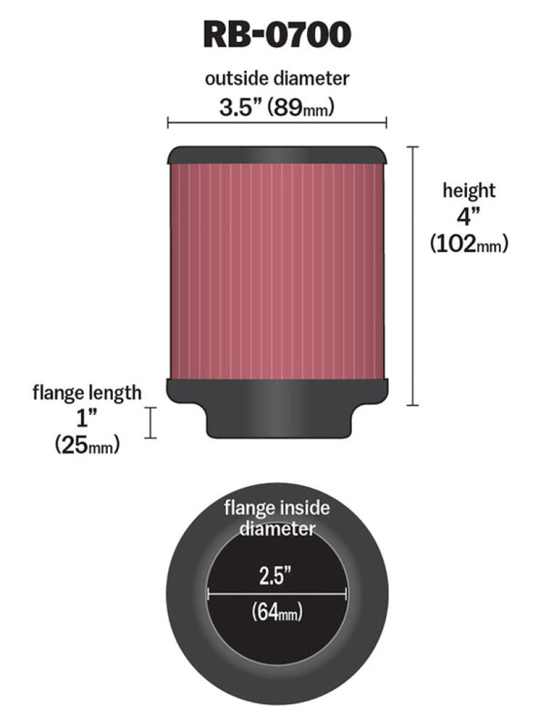 K&N Universal Rubber Filter 2.5 inch 5 Degree FLG 3.5 inch OD 4 inch Height K&N Engineering