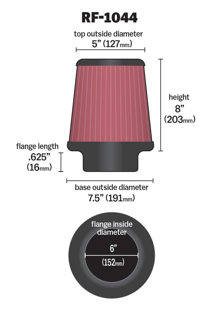 K&N Round Tapered Universal Air Filter 6 inch Flange 7.5 inch Base 5 inch Top 8 inch Height K&N Engineering