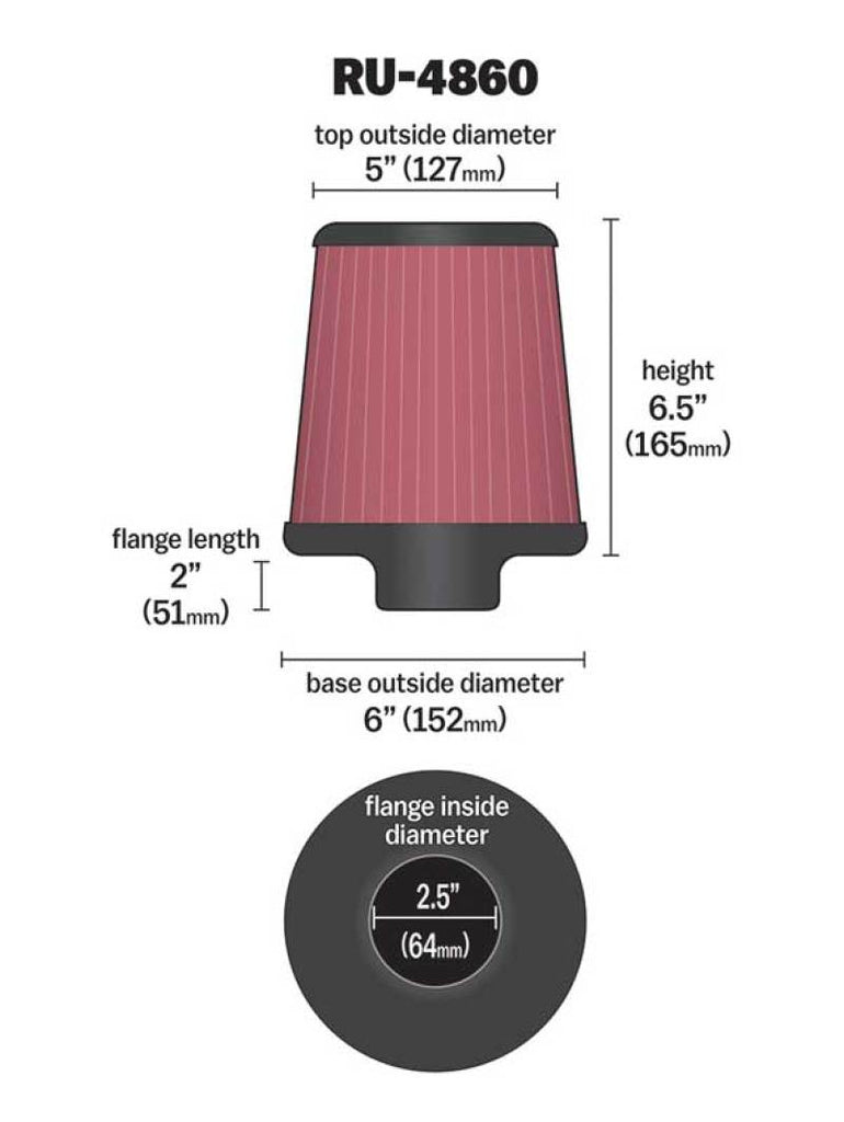 K&N Filter Universal Rubber Filter 2 1/2 inch Flange 6 inch Base 5 inch Top 6 1/2 inch Height K&N Engineering