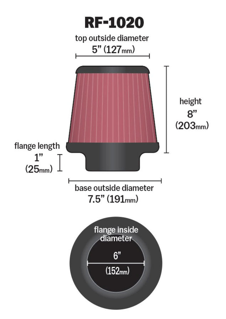 K&N Universal Air Filter 6in Flange ID x 7.5in Base / 5in OD Top x 8in H K&N Engineering