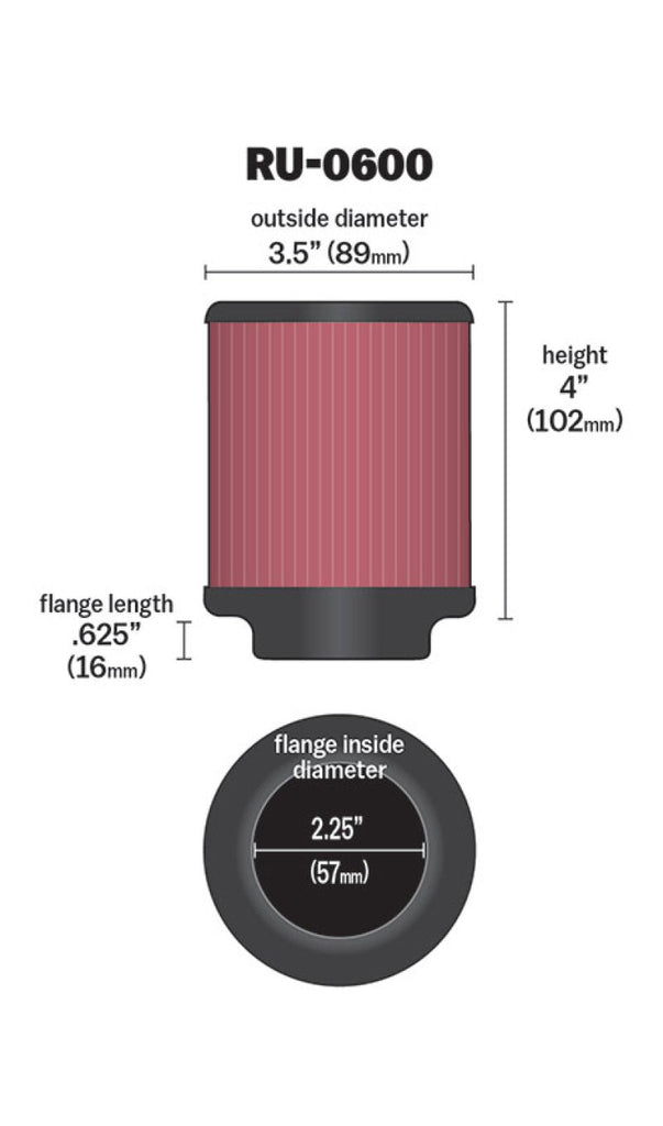 K&N Filter Universal Rubber Filter 2 1/4 inch Flange 3 1/2 inch OD 4 inch Height K&N Engineering