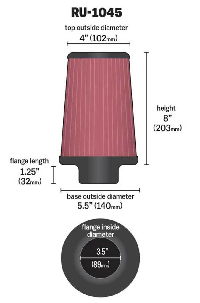 K&N Universal Tapered Filter 3.5in Flange ID x 5.5in Base OD x 4in Top OD x 8in Height K&N Engineering