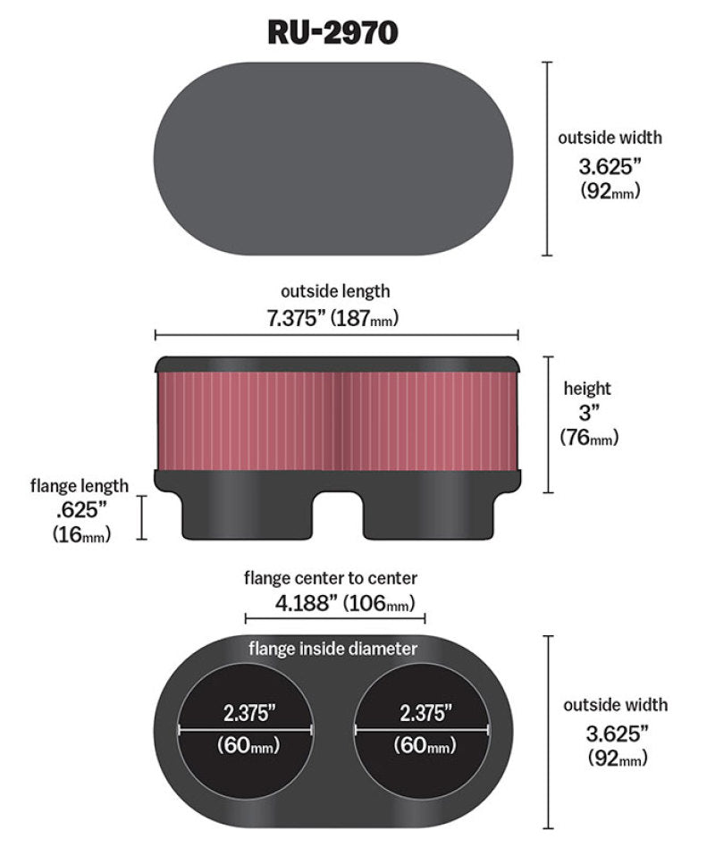 K&N Filter Universal  Filter 2 3/8 inch Dual Flange 107mm C-C 3 inch Height K&N Engineering