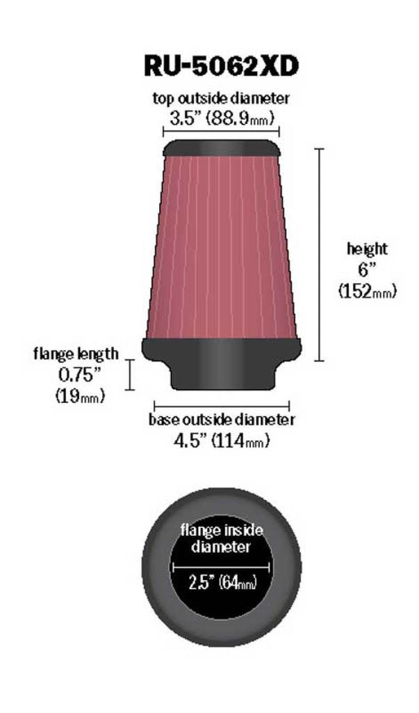 K&N Universal Rubber Filter 2-1/2in Flg / 4-1/2in OD B / 3-1/2in OD T / 6in H - Black Top K&N Engineering