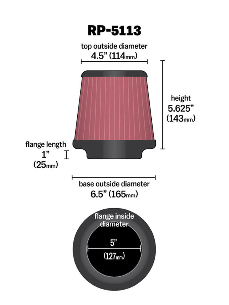 K&N Cone Filter 5in ID 6.5in base 4.5in top 5.625in height carbon fiber look K&N Engineering