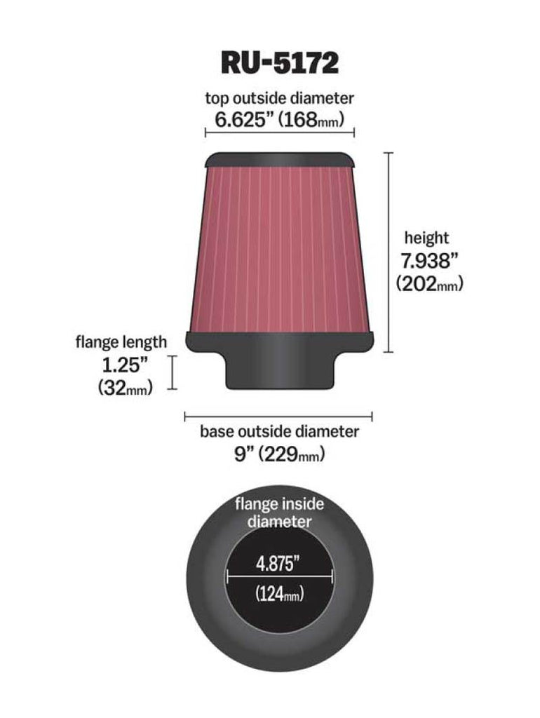 K&N Universal Rubber Filter-Round Tprd 4.875in Flange ID x 9in Base OD x 6.625in Top OD x 7.938in H K&N Engineering