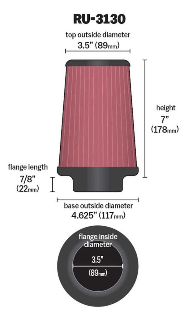 K&N Filter Universal Rubber Filter 3 1/2 inch Flange 4 5/8 inch Base 3 1/2 inch Top 7 inch Height K&N Engineering