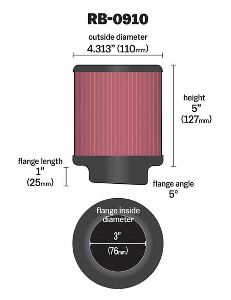 K&N Universal Rubber Filter 3 inch 5 Degree FLG 4 1/2 inch OD 5 inch Height K&N Engineering
