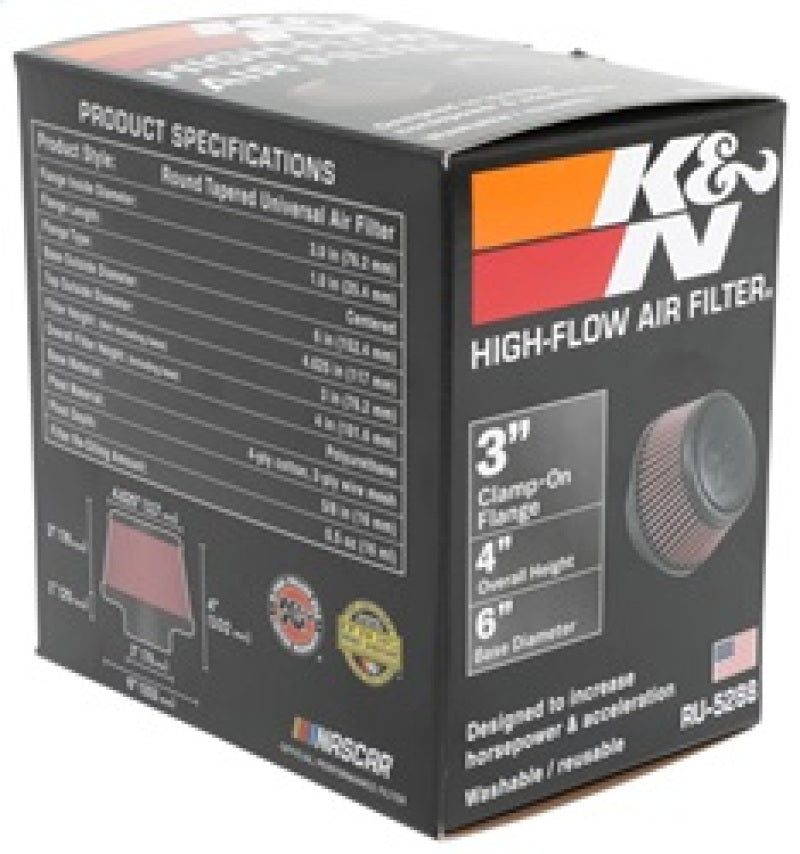 K&N Universal Round Clamp-On Air Filter 3in Flange ID x 6in Base OD x 4.625in Top OD x 3in Height K&N Engineering