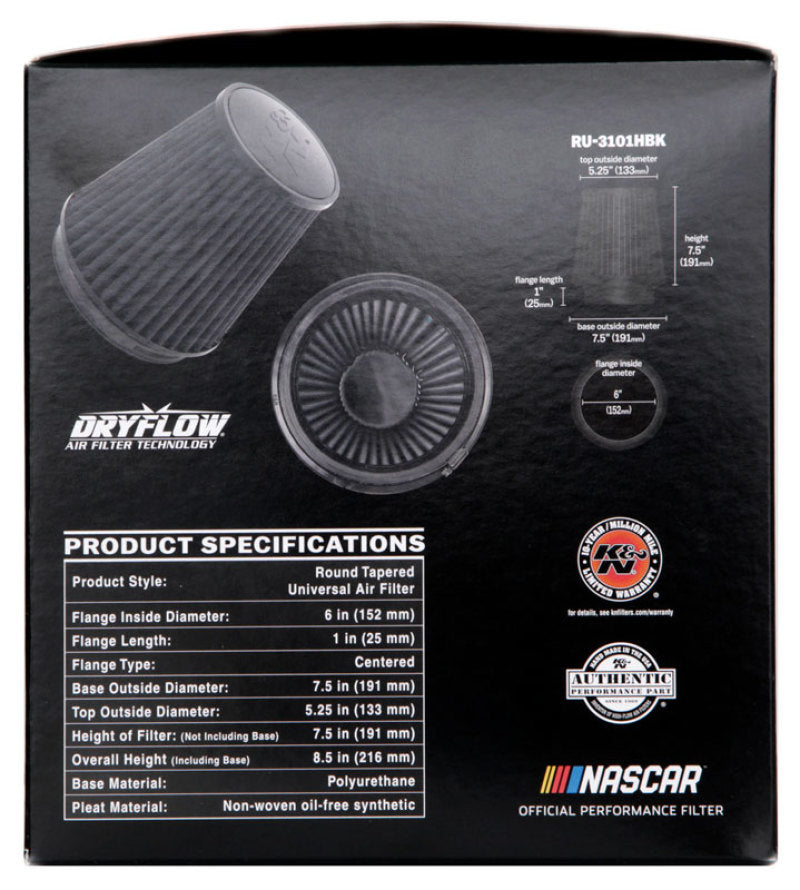 K&N Universal Rubber Filter Round Tapered 6in Flange ID x 7.5in Base OD x 5.25in Top OD x 8in Height K&N Engineering
