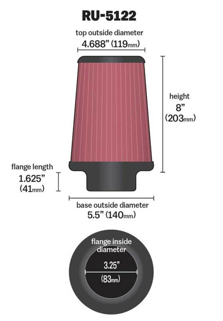 K&N Filter Universal Rubber Filter 3.25  Flange 5.5 Base 4.6875 Top 8 Height K&N Engineering