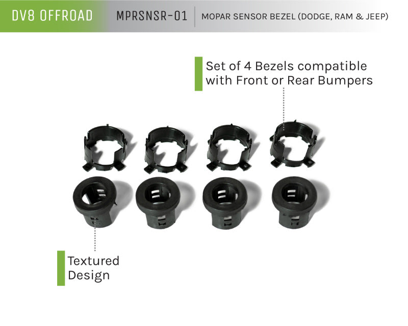 DV8 Offroad Jeep/Dodge/RAM Front Bezel & Rear Clip Replacement Kit for MOPAR Sensors - Set of 4 DV8 Offroad