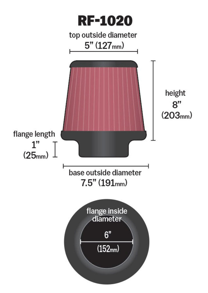 K&N Universal Air Filter 6in Flange ID x 7.5in Base / 5in OD Top x 8in H K&N Engineering
