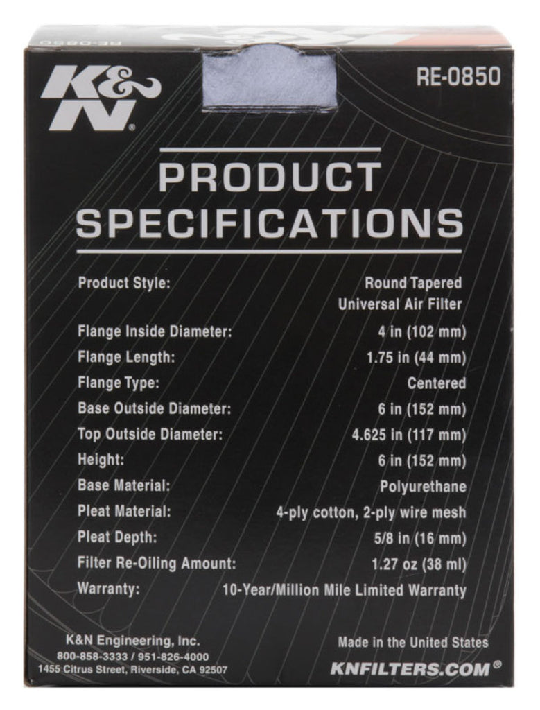K&N Universal Air Filter (4in. Flange / 6in. Base OD / 4-5/8in. Top OD / 6in. Height) K&N Engineering