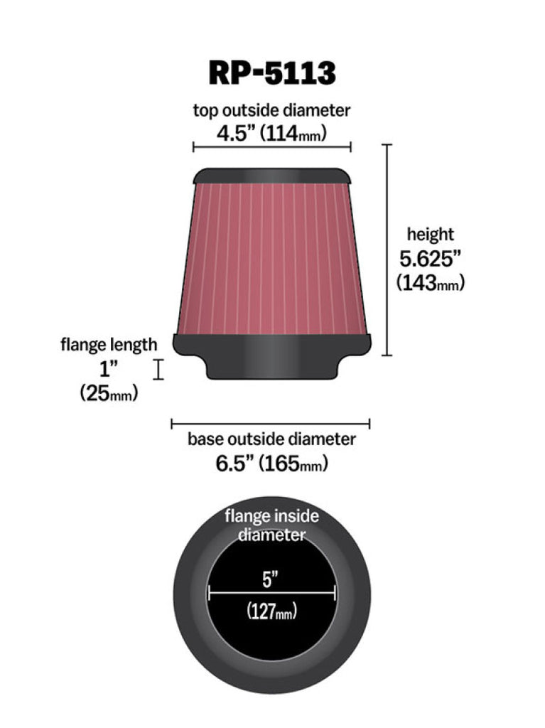 K&N Cone Filter 5in ID 6.5in base 4.5in top 5.625in height carbon fiber look K&N Engineering
