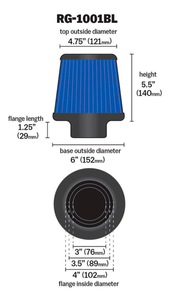 K&N Universal Air Filter Chrome Round Tapered Blue - 4in Flange ID x 1.125in Flange Length x 5.5in H K&N Engineering