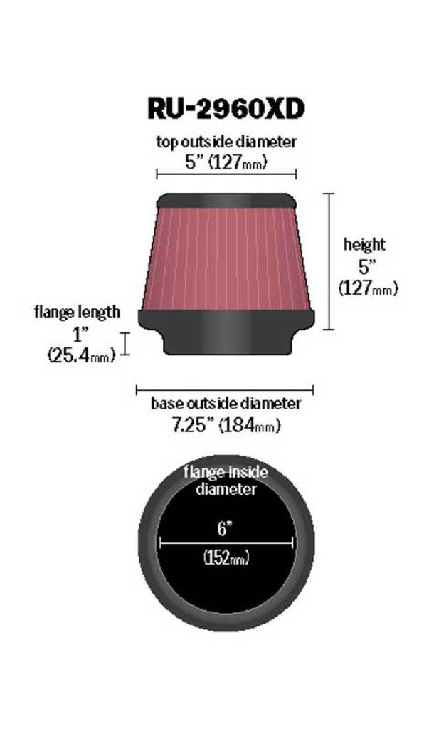 K&N Universal Tapered Filter 6in Flange ID x 7.5in Base OD x 5in Top OD x 5in Height K&N Engineering